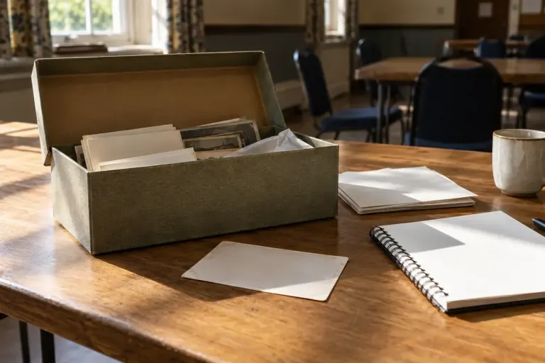 An archival box with envelopes and a notebook on a community meeting table.