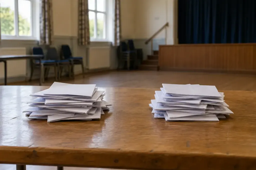 Two equal piles of anonymous ballot papers on a meeting table.