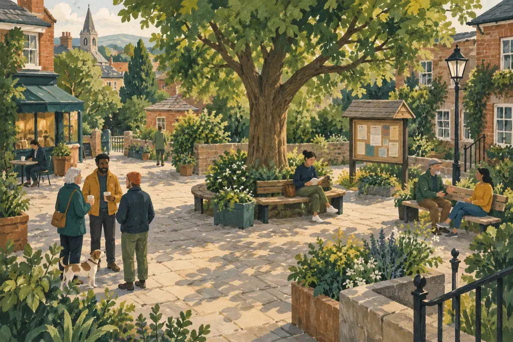 Illustrated neighborhood square with benches, a leafy tree and people talking.