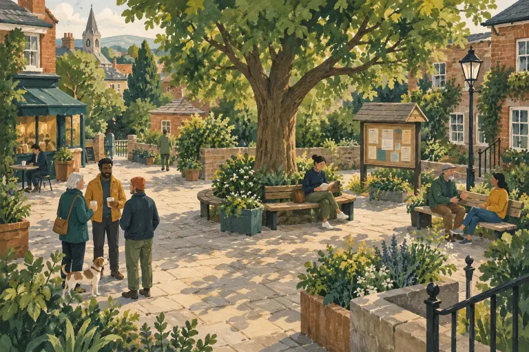 Illustrated neighborhood square with benches, a leafy tree and people talking.