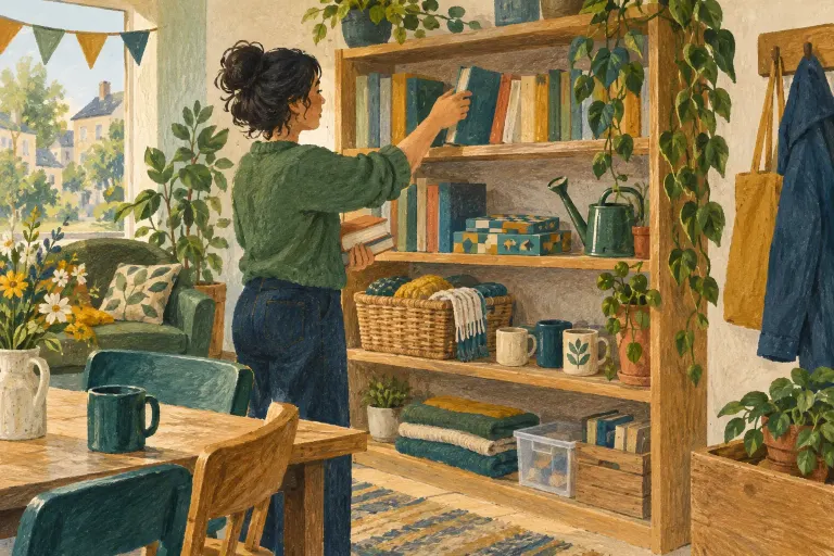 Painted illustration of a person placing a book on a community shelf with books, games and reusable household items.