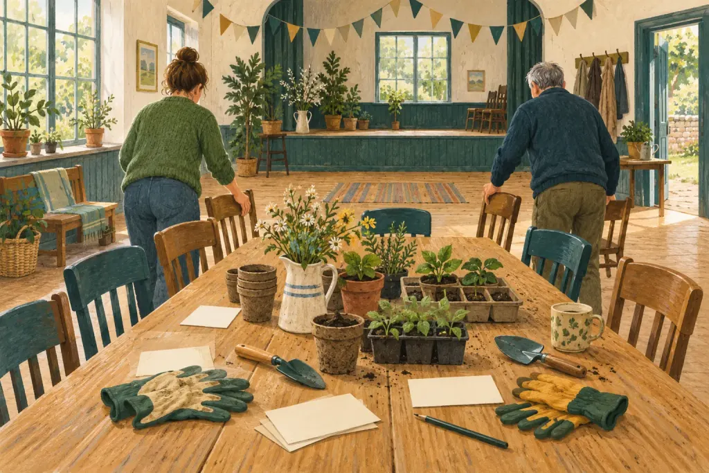 Gouache illustration of two adults preparing a community hall with chairs and gardening materials.