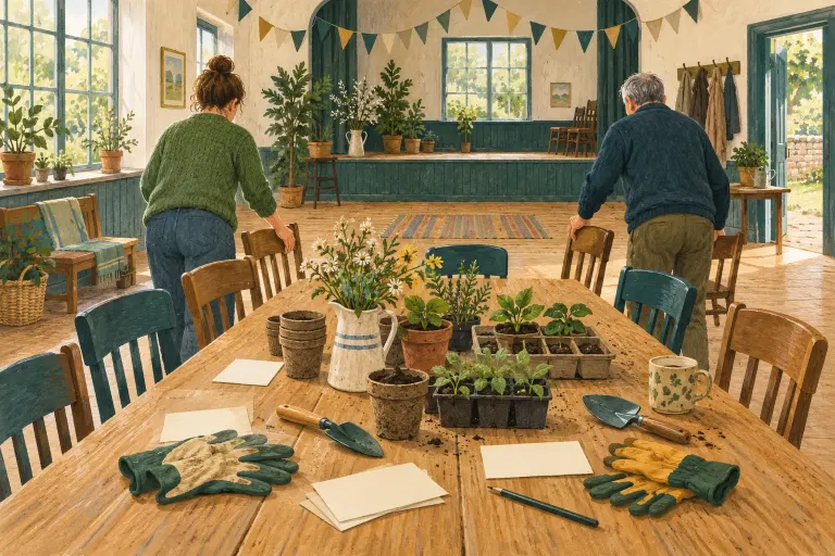 Gouache illustration of two adults preparing a community hall with chairs and gardening materials.